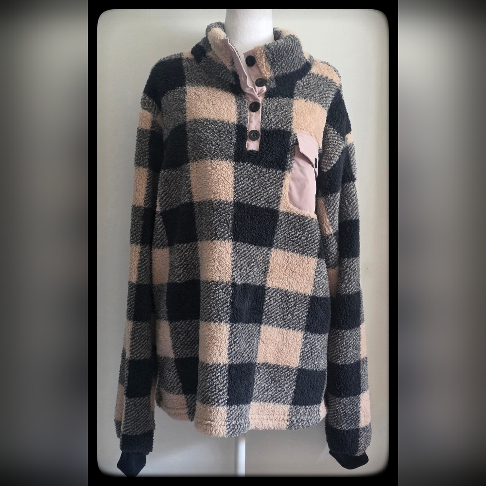 Chicyea Plaid Fleece Pullover Sweater, Size XL, Black/Tan